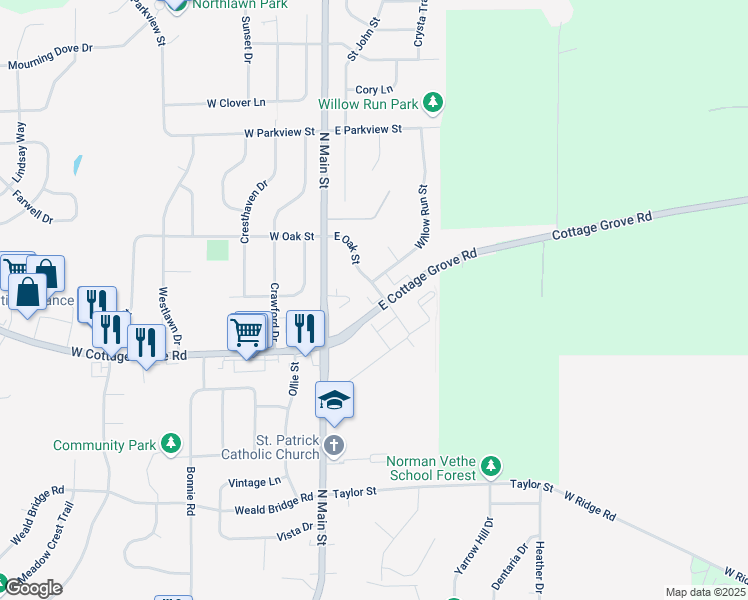 map of restaurants, bars, coffee shops, grocery stores, and more near 605 East Oak Street in Cottage Grove