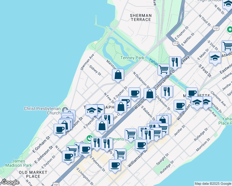 map of restaurants, bars, coffee shops, grocery stores, and more near 1225 East Gorham Street in Madison