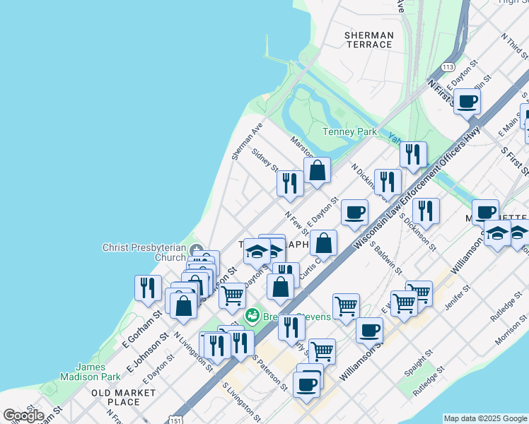 map of restaurants, bars, coffee shops, grocery stores, and more near 1137 Elizabeth Street in Madison