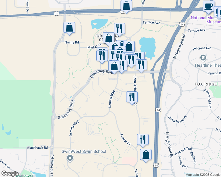 map of restaurants, bars, coffee shops, grocery stores, and more near 1396-1500 Deming Way in Middleton