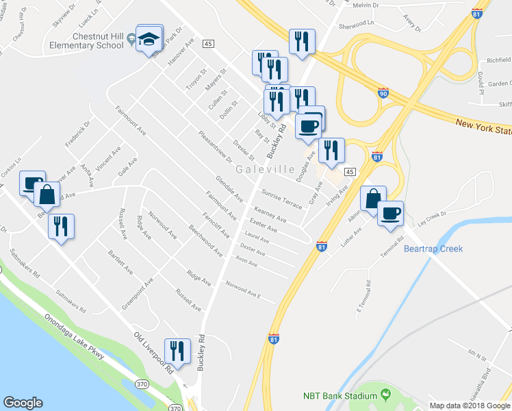 map of restaurants, bars, coffee shops, grocery stores, and more near 104 Kearney Avenue in Liverpool