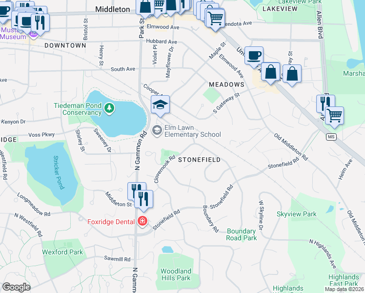 map of restaurants, bars, coffee shops, grocery stores, and more near 6503 Woodgate Road in Middleton