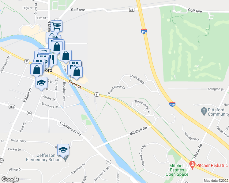 map of restaurants, bars, coffee shops, grocery stores, and more near 12 Wood Creek Drive in Pittsford