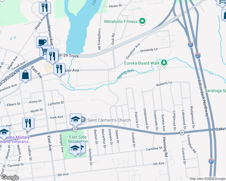 map of restaurants, bars, coffee shops, grocery stores, and more near 26 Excelsior Spring Avenue in Saratoga Springs