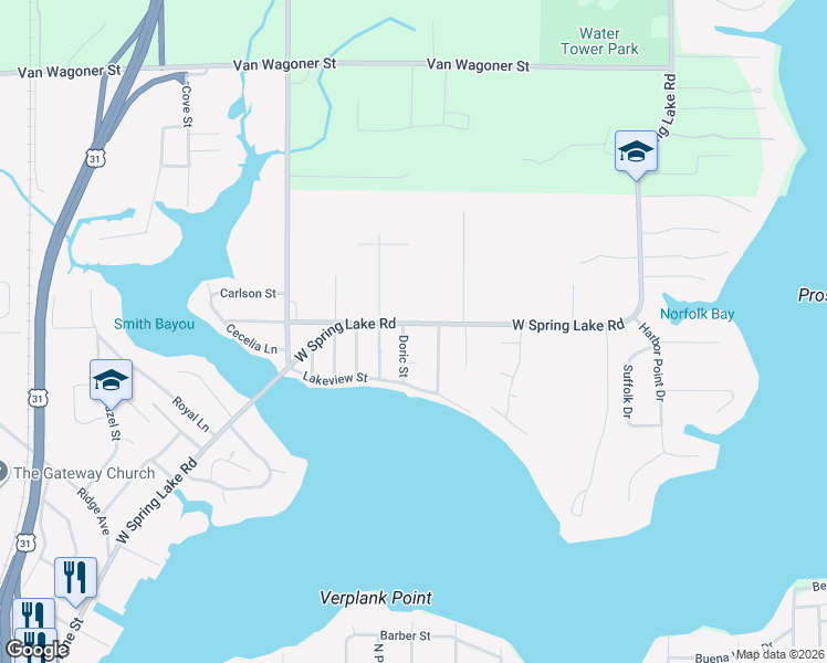 map of restaurants, bars, coffee shops, grocery stores, and more near 17279 West Spring Lake Road in Spring Lake