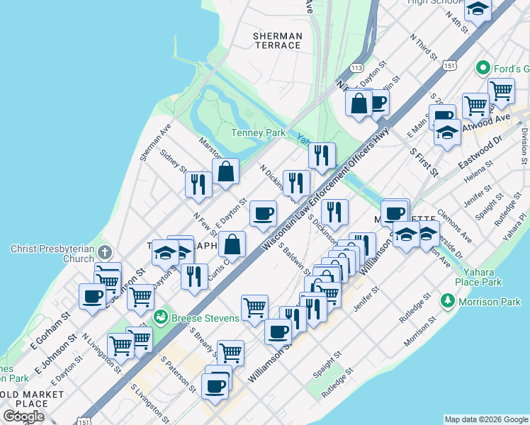map of restaurants, bars, coffee shops, grocery stores, and more near 1315 East Mifflin Street in Madison