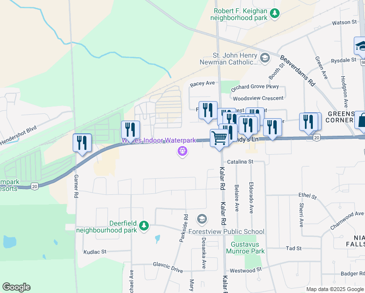 map of restaurants, bars, coffee shops, grocery stores, and more near 8444 Lundy's Lane in Niagara Falls