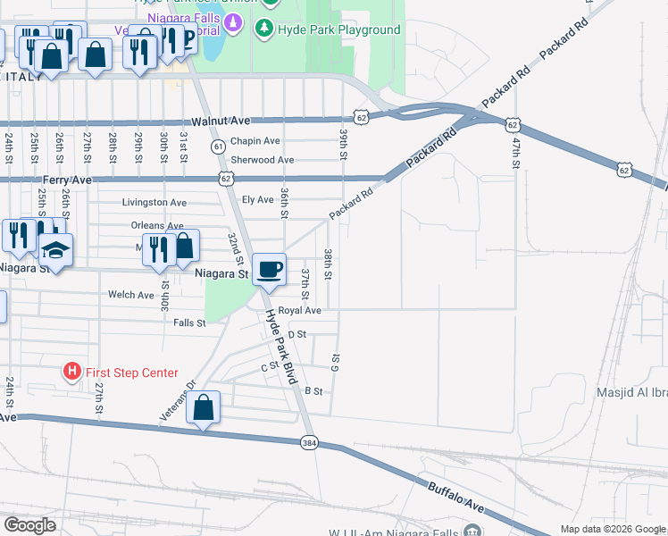 map of restaurants, bars, coffee shops, grocery stores, and more near 410 39th Street in Niagara Falls