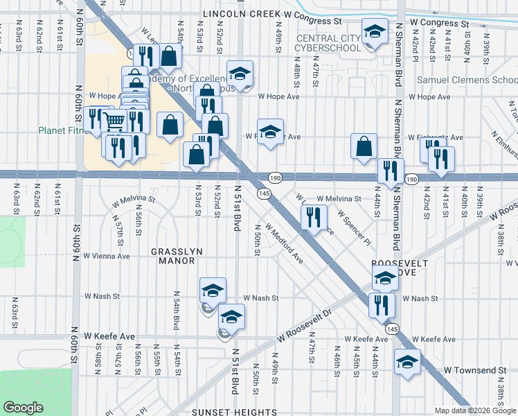 map of restaurants, bars, coffee shops, grocery stores, and more near in Milwaukee