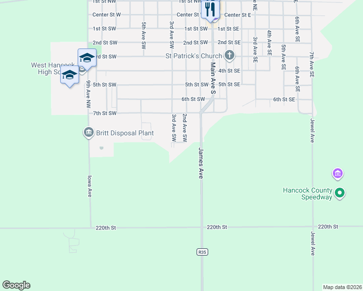 map of restaurants, bars, coffee shops, grocery stores, and more near 701-899 2nd Avenue Southwest in Britt