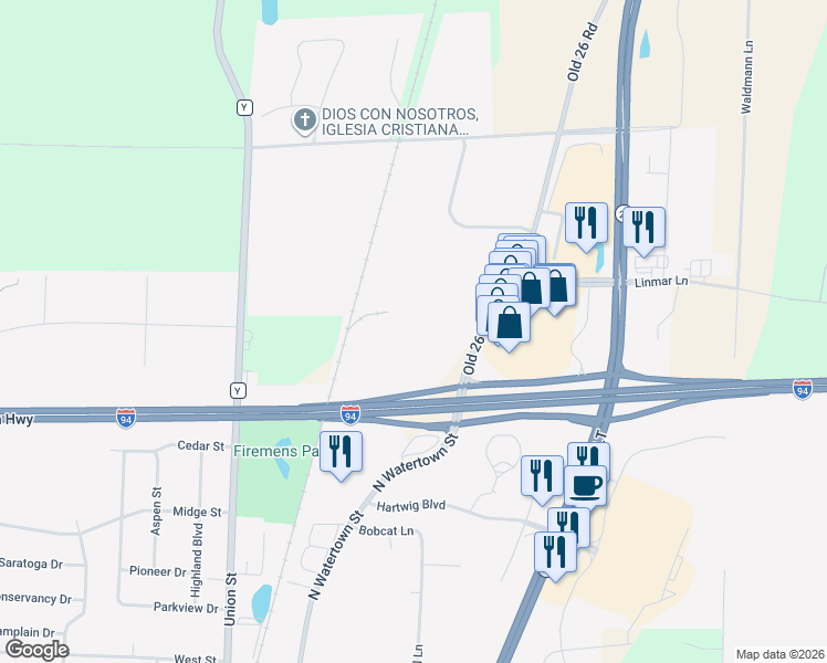 map of restaurants, bars, coffee shops, grocery stores, and more near 800 North Watertown Street in Johnson Creek