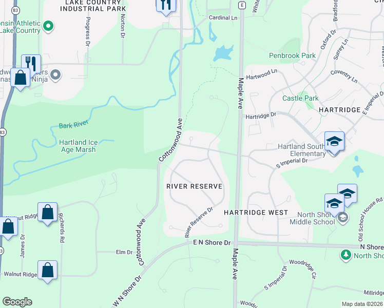 map of restaurants, bars, coffee shops, grocery stores, and more near 874 Tree Ridge Court in Hartland