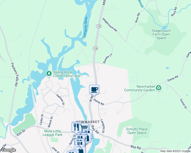 map of restaurants, bars, coffee shops, grocery stores, and more near 2 North Main Street in Newmarket