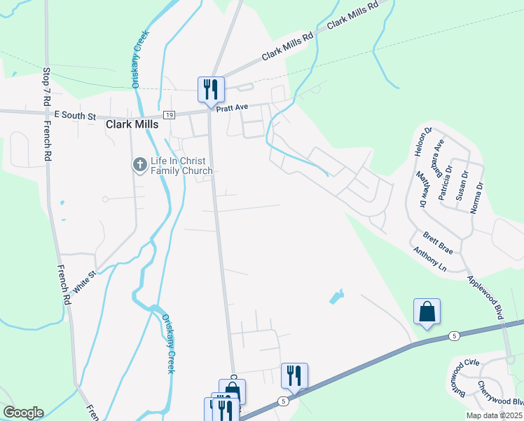 map of restaurants, bars, coffee shops, grocery stores, and more near 16 Prospect Street in Clark Mills
