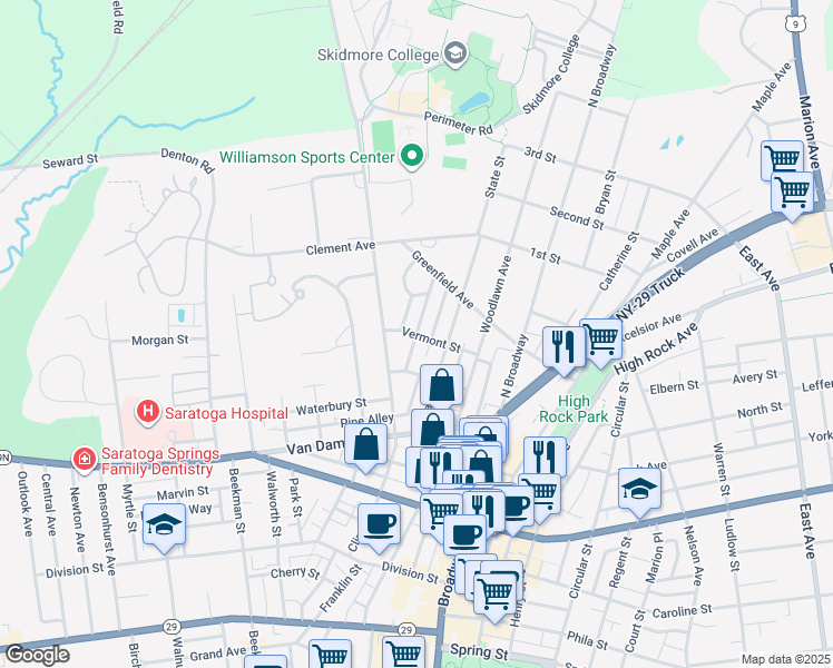 map of restaurants, bars, coffee shops, grocery stores, and more near Vermont Street & Granite Street in Saratoga Springs