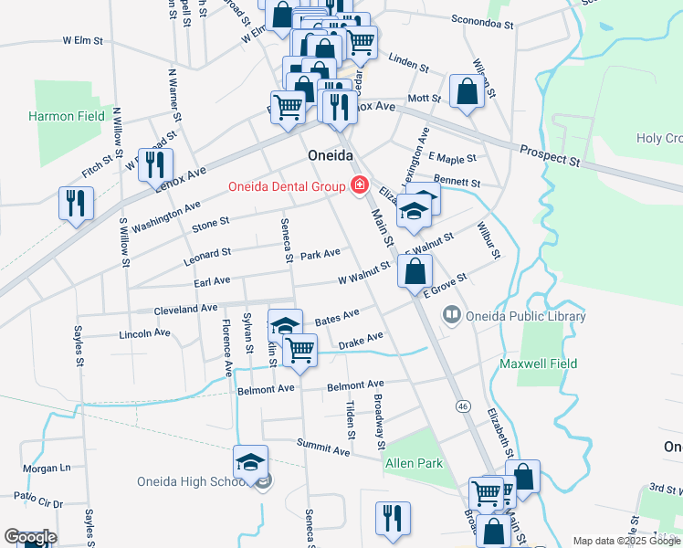 map of restaurants, bars, coffee shops, grocery stores, and more near 211 Park Avenue in Oneida