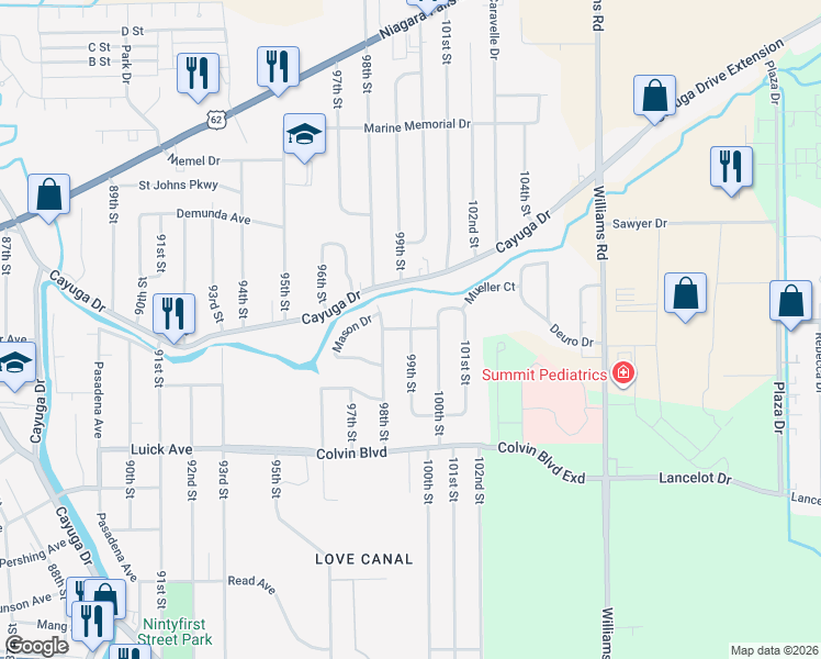 map of restaurants, bars, coffee shops, grocery stores, and more near 1098 99th Street in Niagara Falls
