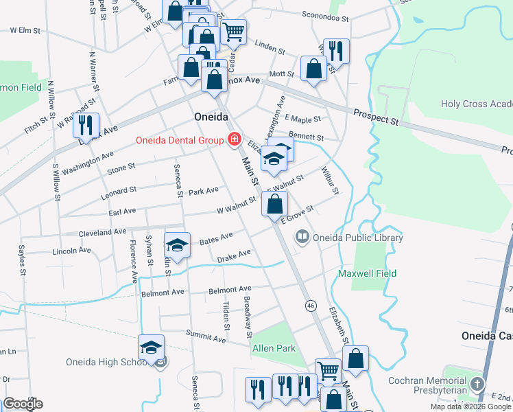 map of restaurants, bars, coffee shops, grocery stores, and more near 401 Main Street in Oneida