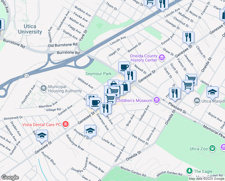 map of restaurants, bars, coffee shops, grocery stores, and more near 19 Shepherd Place in Utica