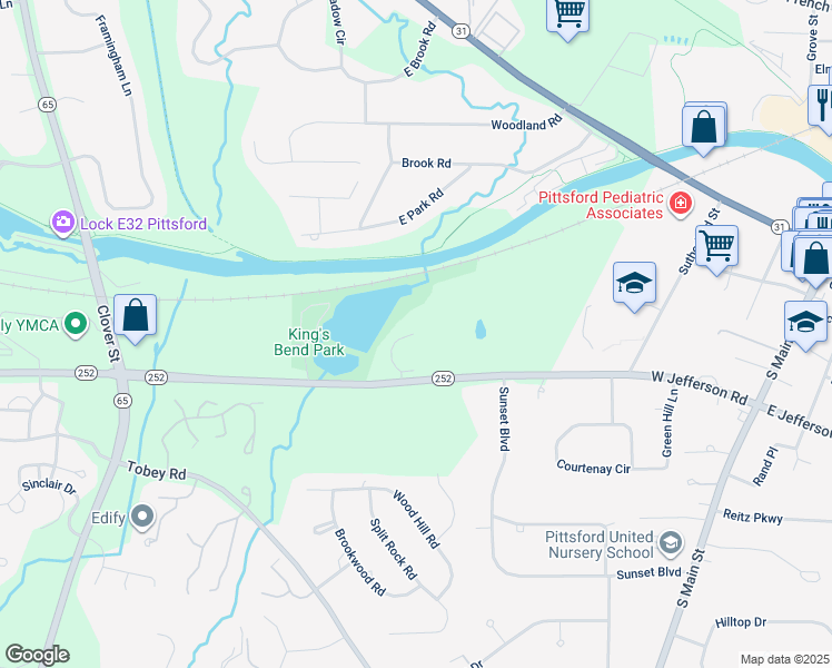 map of restaurants, bars, coffee shops, grocery stores, and more near 160 West Jefferson Road in Pittsford
