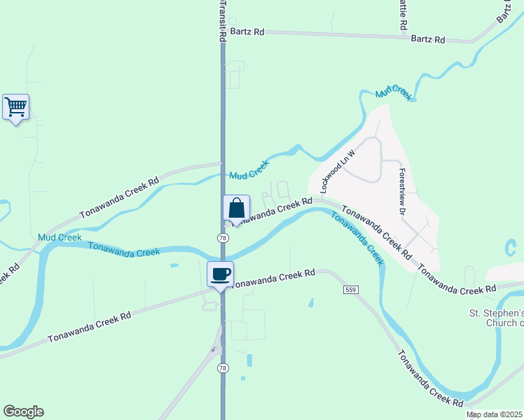 map of restaurants, bars, coffee shops, grocery stores, and more near 6215 Tonawanda Creek Road in Lockport