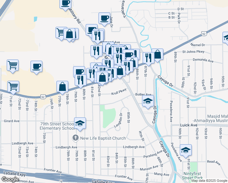 map of restaurants, bars, coffee shops, grocery stores, and more near 8297 Niagara Falls Boulevard in Niagara Falls