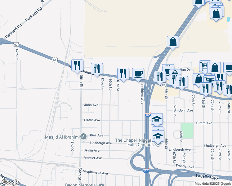 map of restaurants, bars, coffee shops, grocery stores, and more near 6115 Niagara Falls Boulevard in Niagara Falls