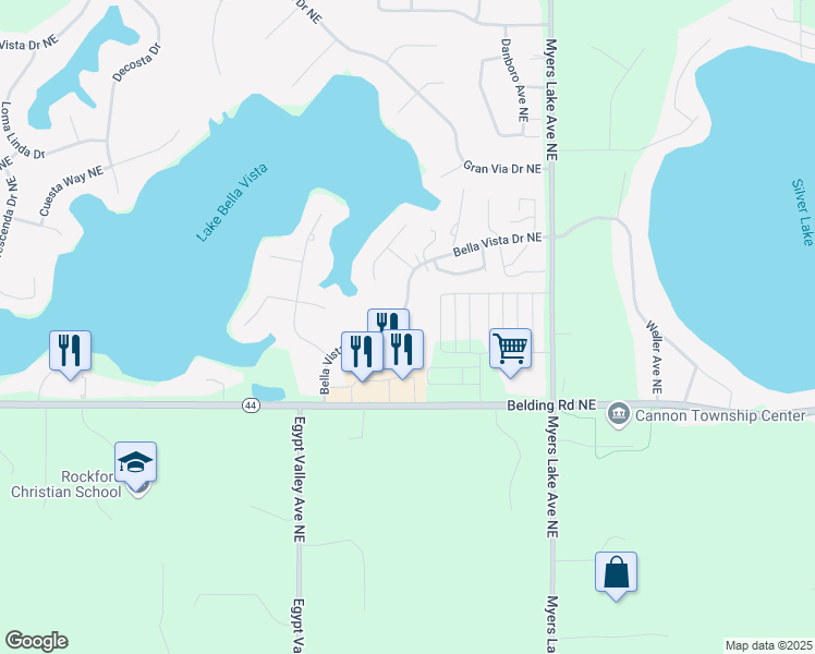 map of restaurants, bars, coffee shops, grocery stores, and more near 6543 Bella Vista Drive Northeast in Rockford