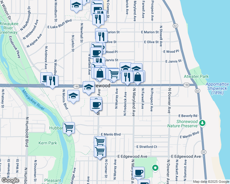 map of restaurants, bars, coffee shops, grocery stores, and more near 3956 North Murray Avenue in Shorewood