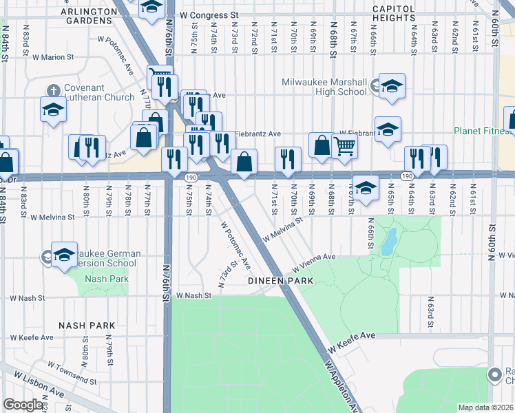 map of restaurants, bars, coffee shops, grocery stores, and more near 7200 West Chapman Place in Milwaukee