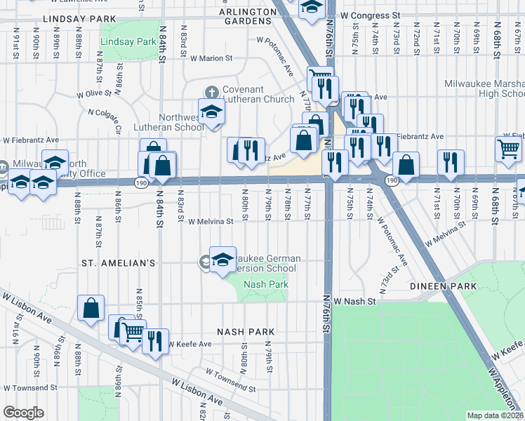 map of restaurants, bars, coffee shops, grocery stores, and more near 3943 North 79th Street in Milwaukee