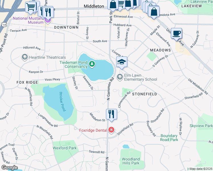 map of restaurants, bars, coffee shops, grocery stores, and more near 1314 North Gammon Road in Middleton