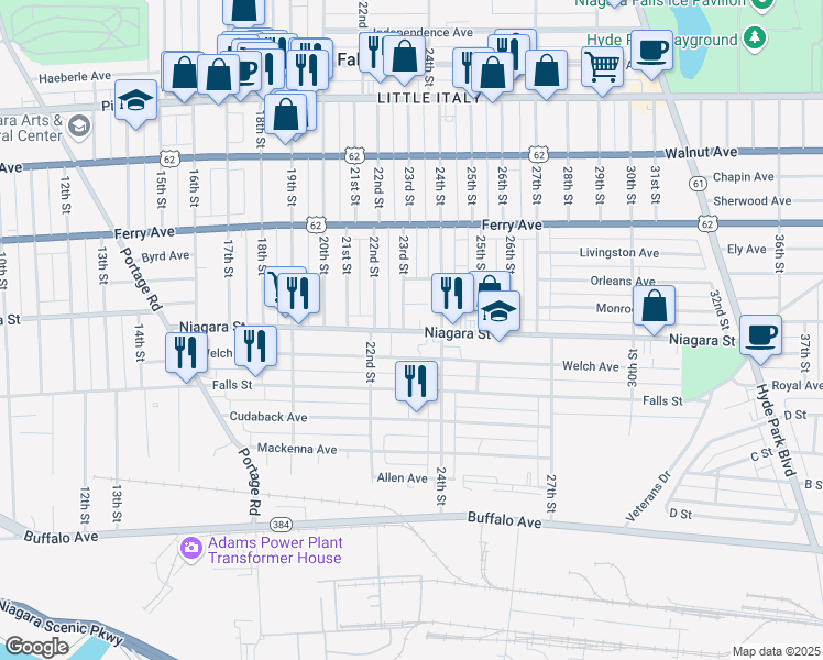 map of restaurants, bars, coffee shops, grocery stores, and more near 414 23rd Street in Niagara Falls