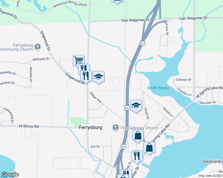 map of restaurants, bars, coffee shops, grocery stores, and more near 17638 Dustin Drive in Spring Lake