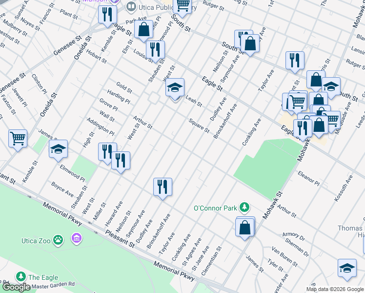 map of restaurants, bars, coffee shops, grocery stores, and more near 1499 Seymour Avenue in Utica