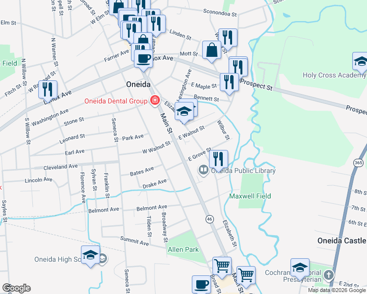 map of restaurants, bars, coffee shops, grocery stores, and more near 415 Main Street in Oneida