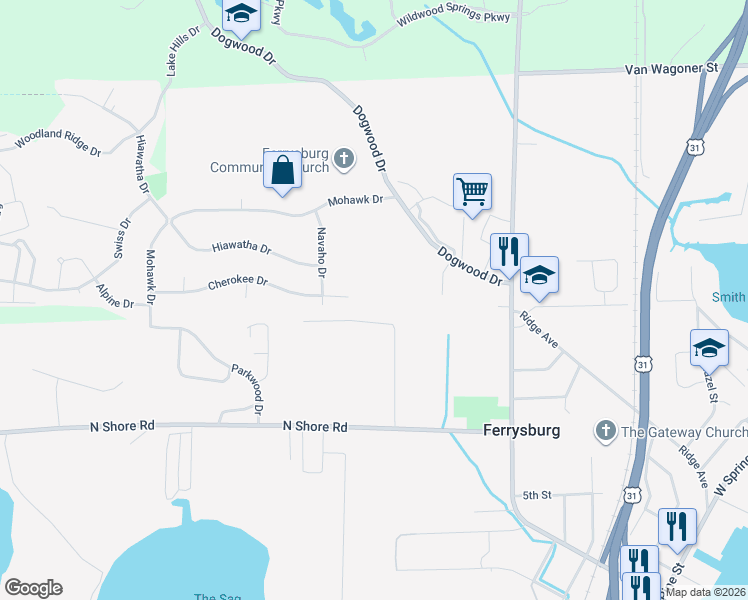map of restaurants, bars, coffee shops, grocery stores, and more near 17609 North Shore Drive in Spring Lake