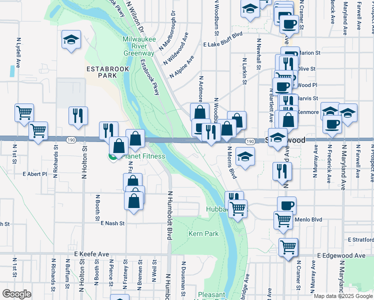 map of restaurants, bars, coffee shops, grocery stores, and more near 1111 East Capitol Drive in Shorewood
