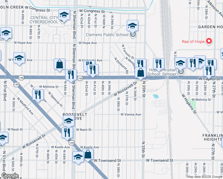 map of restaurants, bars, coffee shops, grocery stores, and more near 3958 North 39th Street in Milwaukee