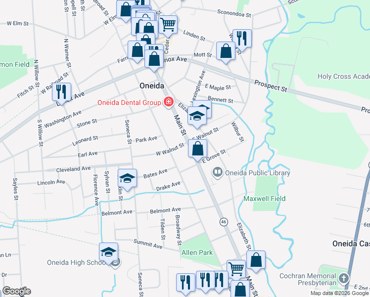 map of restaurants, bars, coffee shops, grocery stores, and more near 401 Main Street in Oneida