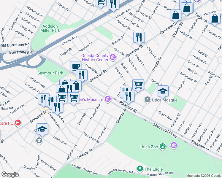 map of restaurants, bars, coffee shops, grocery stores, and more near 1619 Holland Avenue in Utica