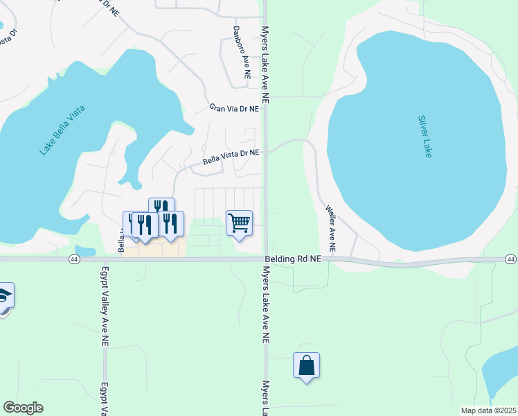 map of restaurants, bars, coffee shops, grocery stores, and more near 6957 Myers Lake Avenue Northeast in Rockford