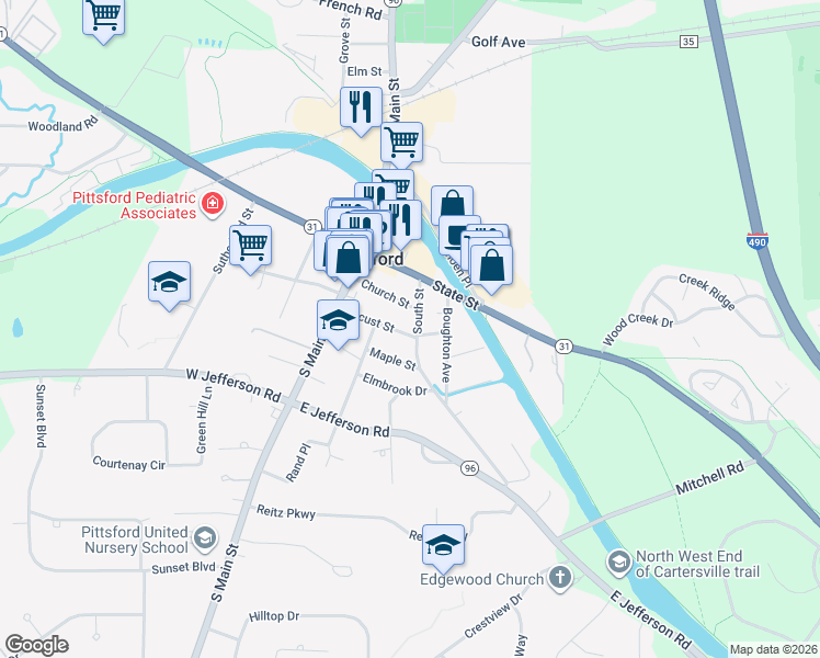 map of restaurants, bars, coffee shops, grocery stores, and more near 21 South Street in Pittsford