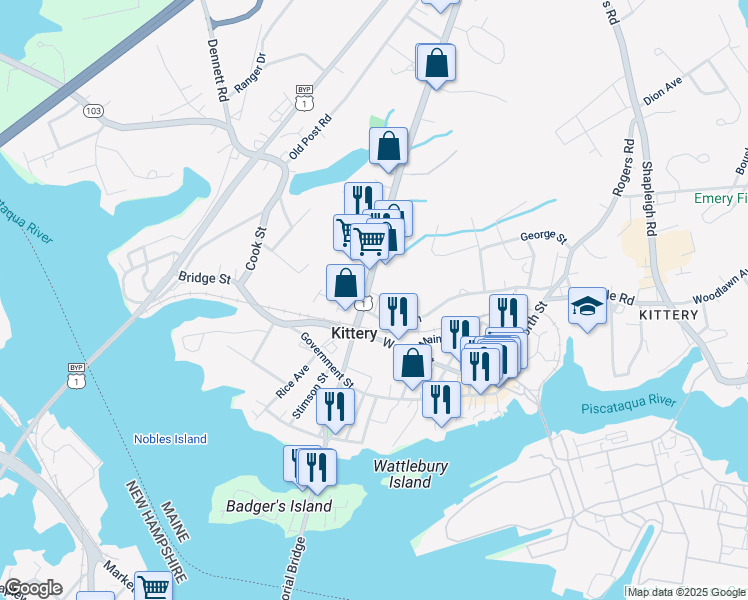 map of restaurants, bars, coffee shops, grocery stores, and more near 44 State Road in Kittery