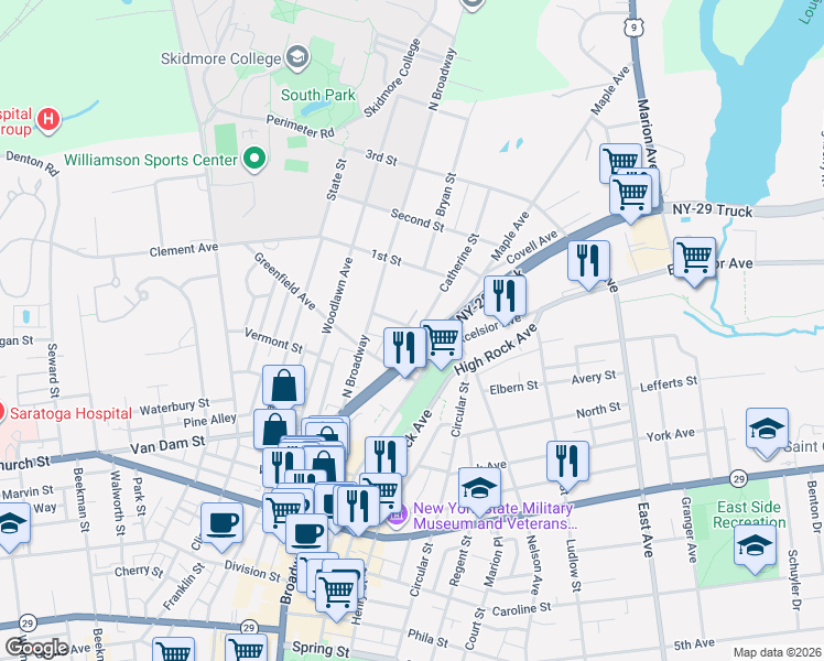 map of restaurants, bars, coffee shops, grocery stores, and more near 49 Catherine Street in Saratoga Springs