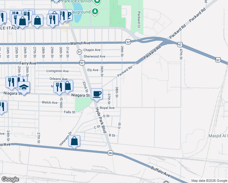 map of restaurants, bars, coffee shops, grocery stores, and more near 3340 Simmons Avenue in Niagara Falls