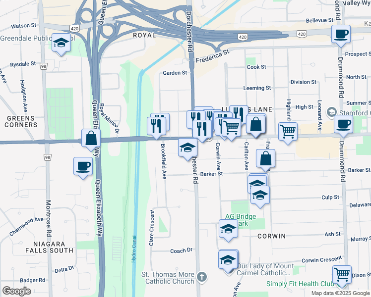 map of restaurants, bars, coffee shops, grocery stores, and more near 6933 Lundy's Lane in Niagara Falls