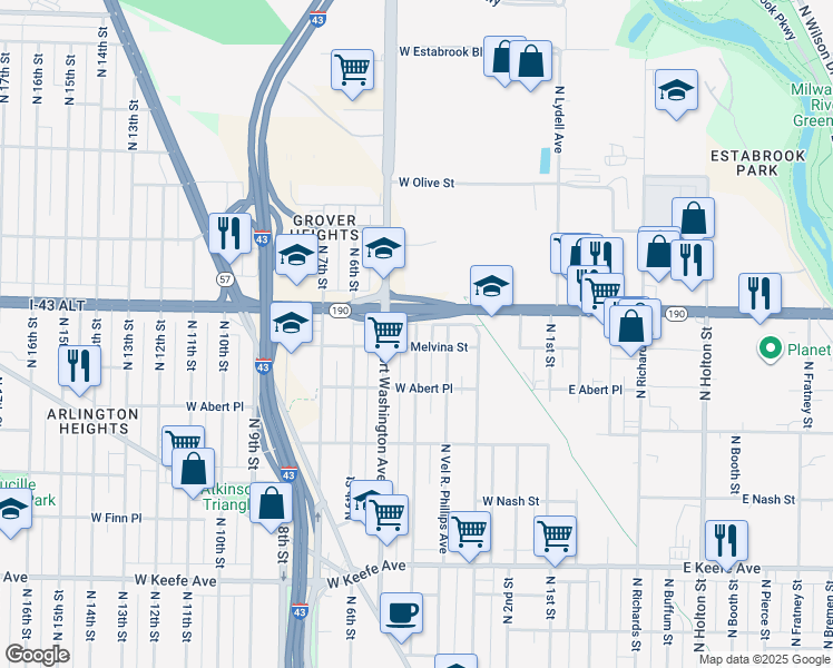 map of restaurants, bars, coffee shops, grocery stores, and more near 3923 North 5th Street in Milwaukee