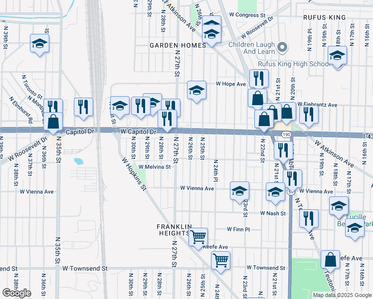 map of restaurants, bars, coffee shops, grocery stores, and more near 3968 North 27th Street in Milwaukee