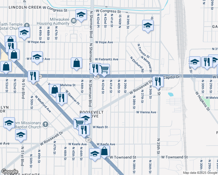 map of restaurants, bars, coffee shops, grocery stores, and more near 3945 North 41st Street in Milwaukee